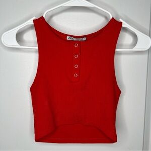 Zara Red Ribbed Crop Top Sz Small with Snaps